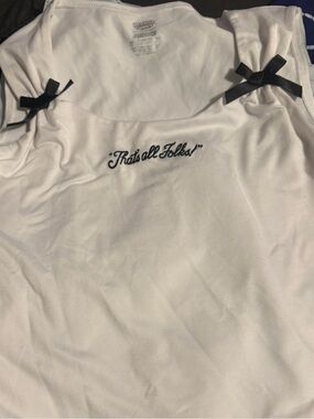 White Sleeveless Tank with "That’s all Folks!" Script and Black Bows
